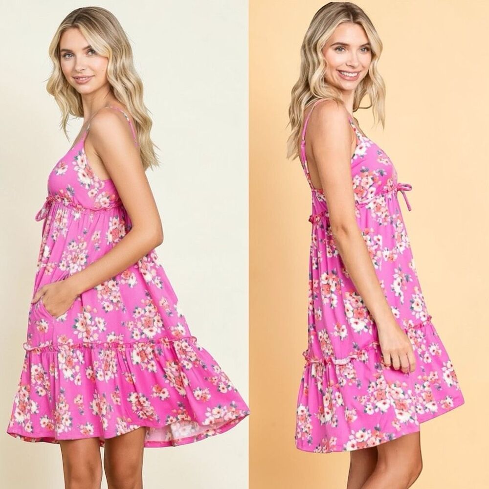 Pink Floral Ruffle Cami Dress w/ Pockets | Culture Code - Picture 3 of 13